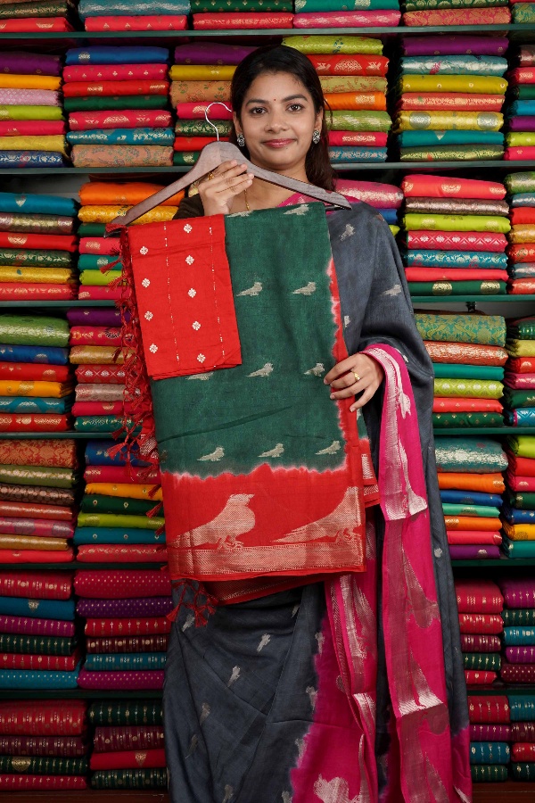 Fancy Silk Bird Butti Green And Red Saree