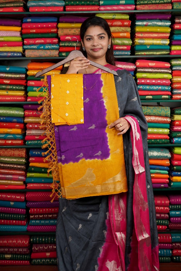 Fancy Silk Bird Butti Purple And Yellow Saree