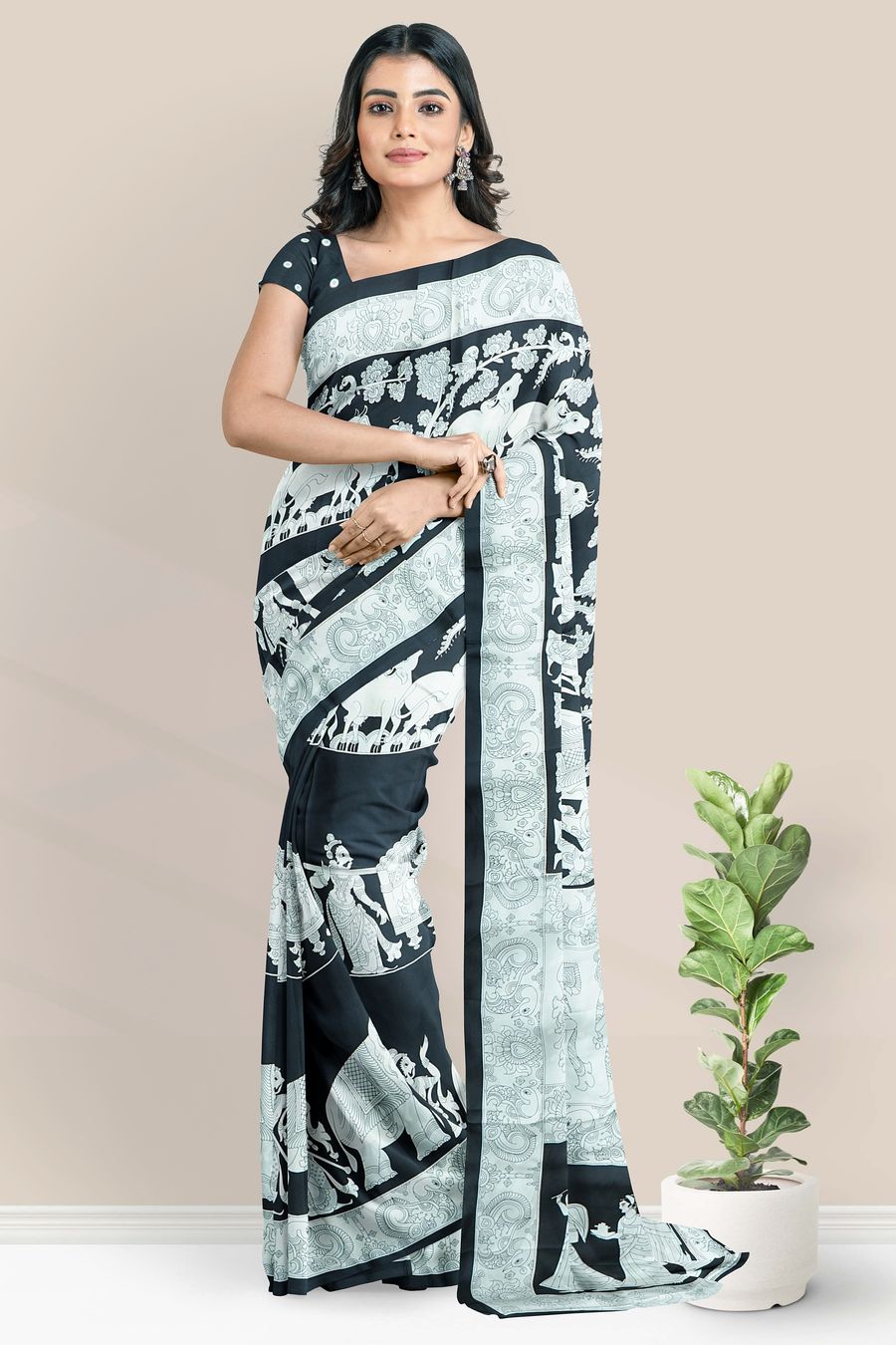 Satin Crepe Kalamkari Print Black And White Saree