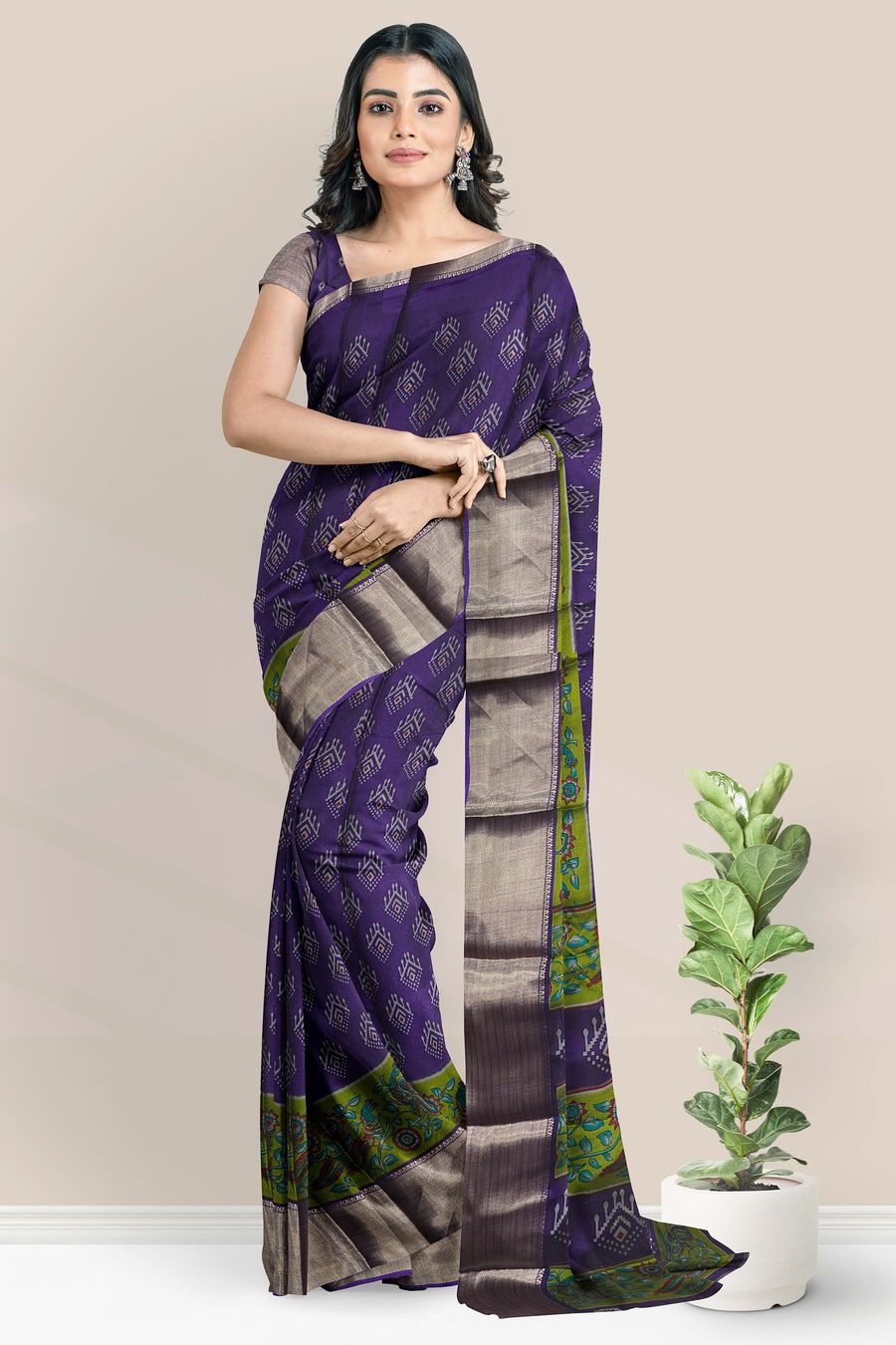 Semi Maheswari Silk Ikkath Print Purple With Green Saree