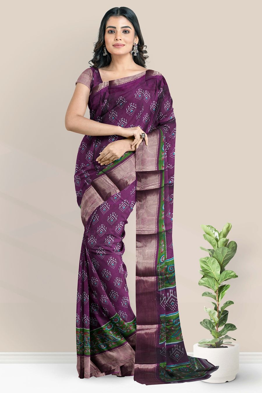 Semi Maheswari Silk Ikkath Print Brinjal With Green Saree