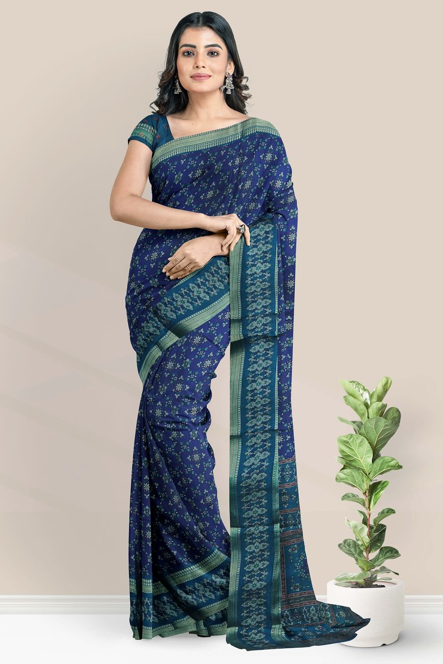 Semi Maheswari Silk Floral Print Blue With Peacock Green Saree