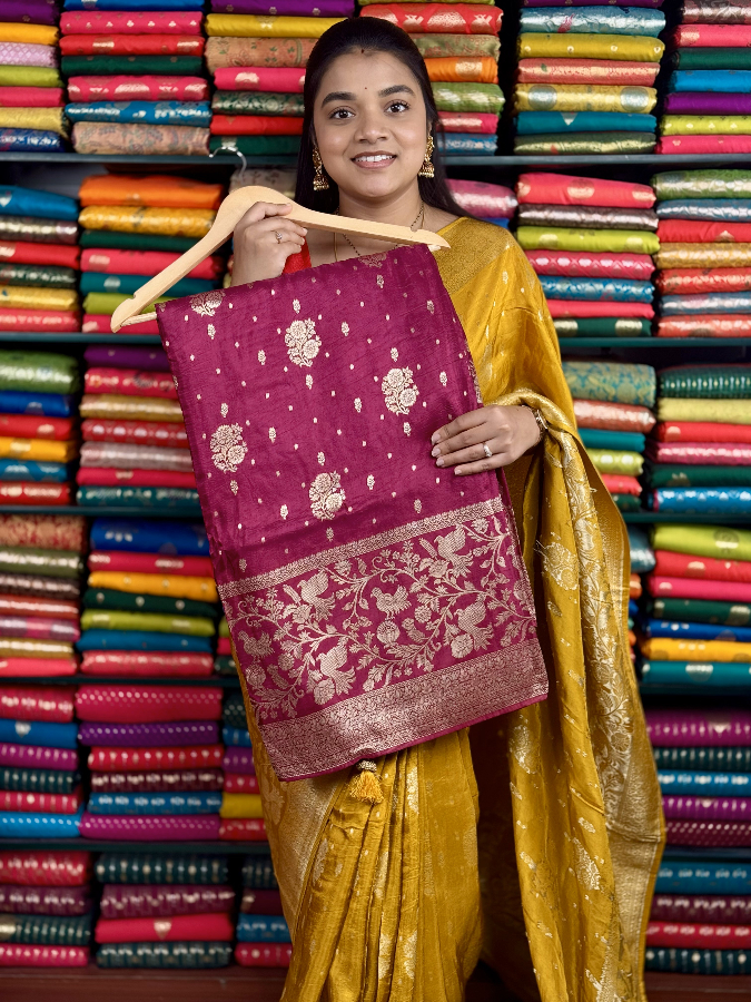 Mashru Silk Creeper Border Flower Butta Wine And Yellow Saree