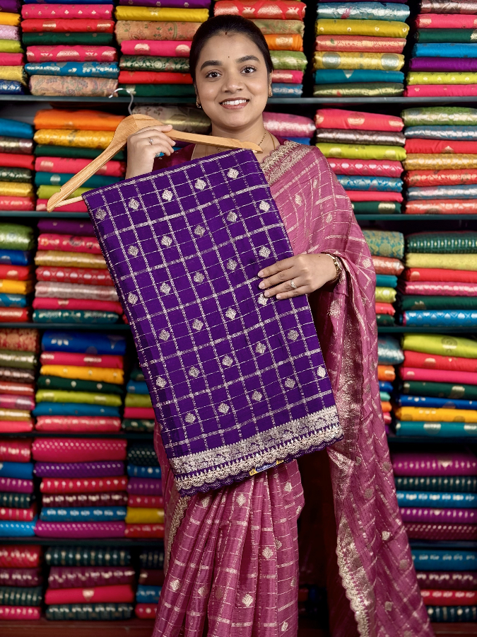 Chiffon Crepe Checks Butta Scallop Less Border Purple And Pink Saree