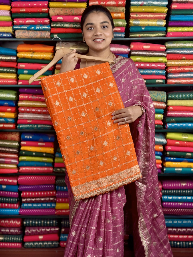 Chiffon Crepe Checks Butta Scallop Less Border Orange And Pink Saree
