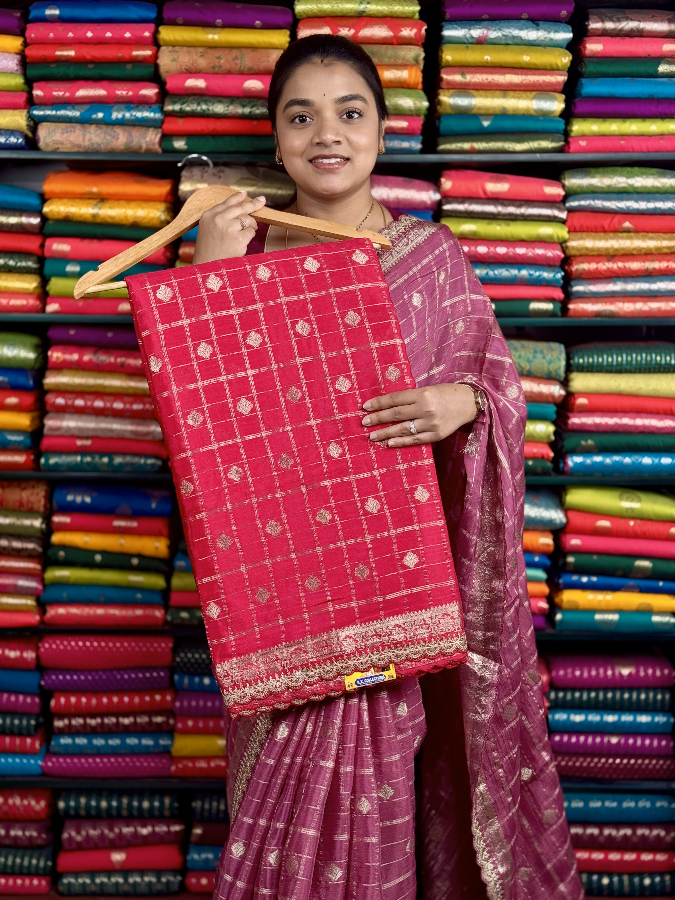 Chiffon Crepe Checks Butta Scallop Less Border Pink And Purple Saree