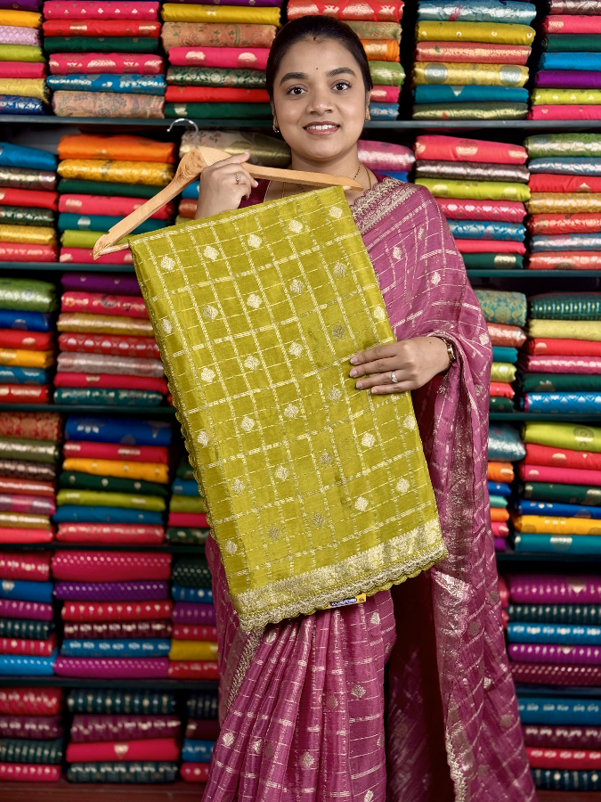 Chiffon Crepe Checks Butta Scallop Less Border MehandhiGreen And Pink Saree
