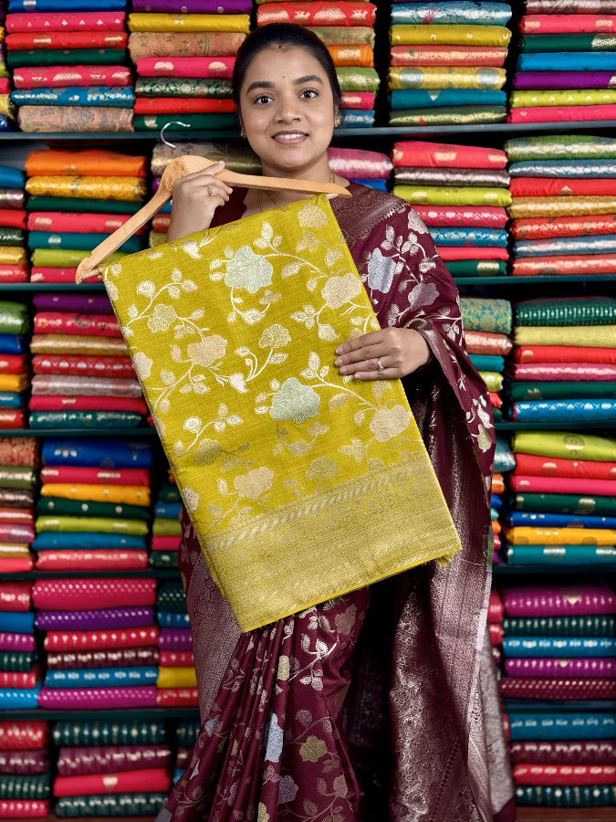 Soft Jute Silk AllOver Meenakari Leaf Green Saree