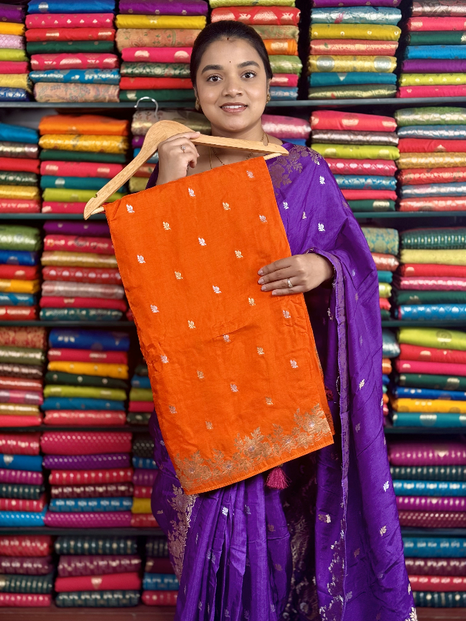 Mashru Silk Floral Zari Border Orange And Wine Saree