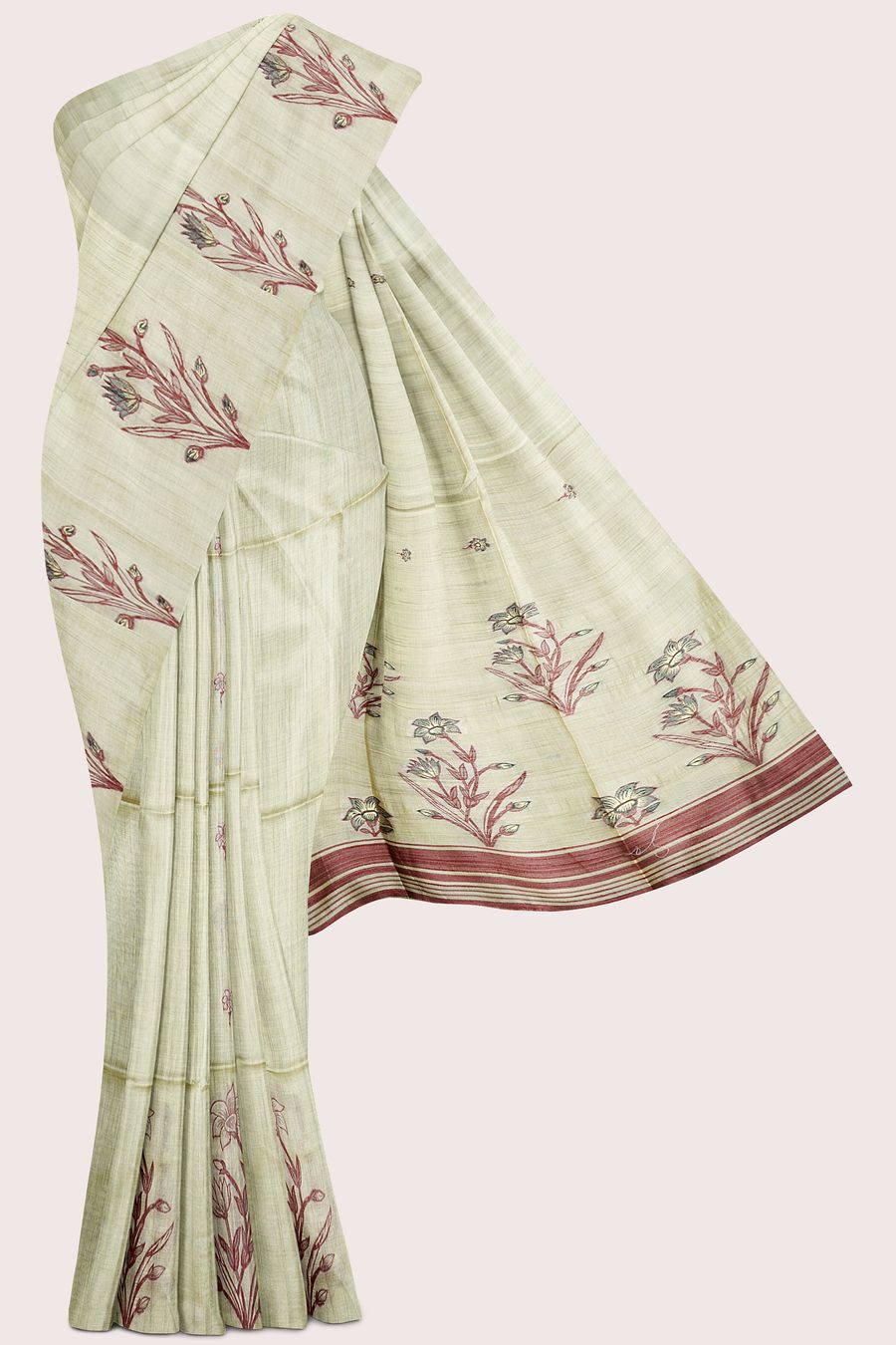 Khadi Chanderi Threading Work Wheat With Maroon And Black Saree