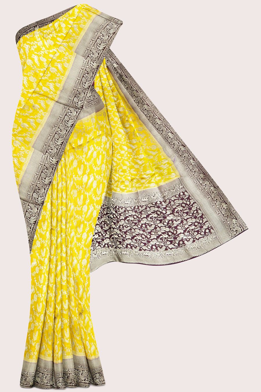 Semi Katan Silk Full Jal Design Mustard Yellow With Wine Saree
