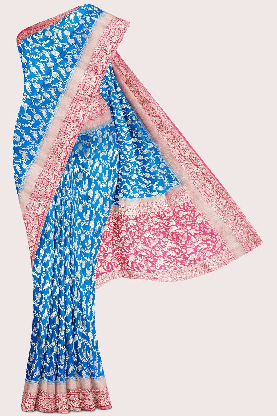 Semi Katan Silk Full Jal Design Coppersulphate Blue With Pink Saree
