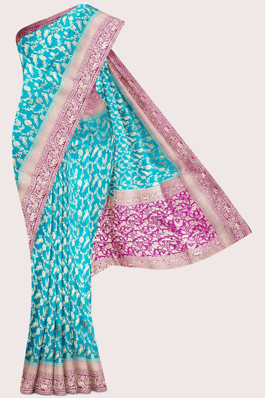 Semi Katan Silk Full Jal Design Rama Green With Magenta Pink Saree