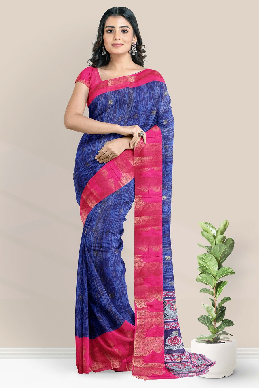 Fancy Silk Brocade Border And Elephant Butti Dark Blue With Pink Saree