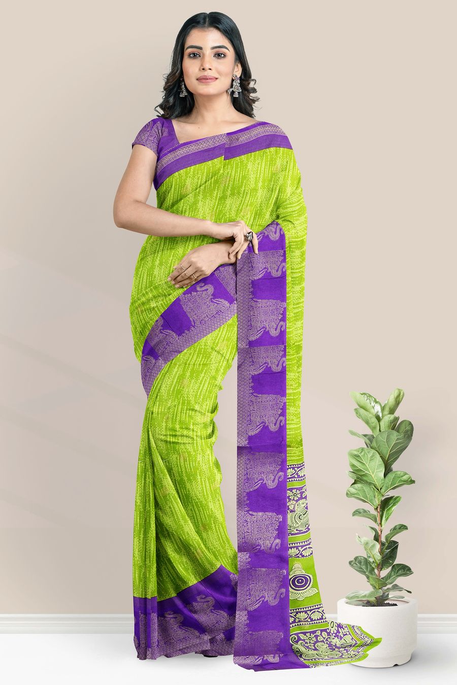 Fancy Silk Brocade Border And Elephant Butti Parrot Green With Purple Saree