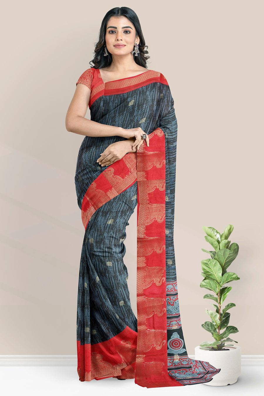 Fancy Silk Brocade Border And Elephant Butti Black With Red Saree