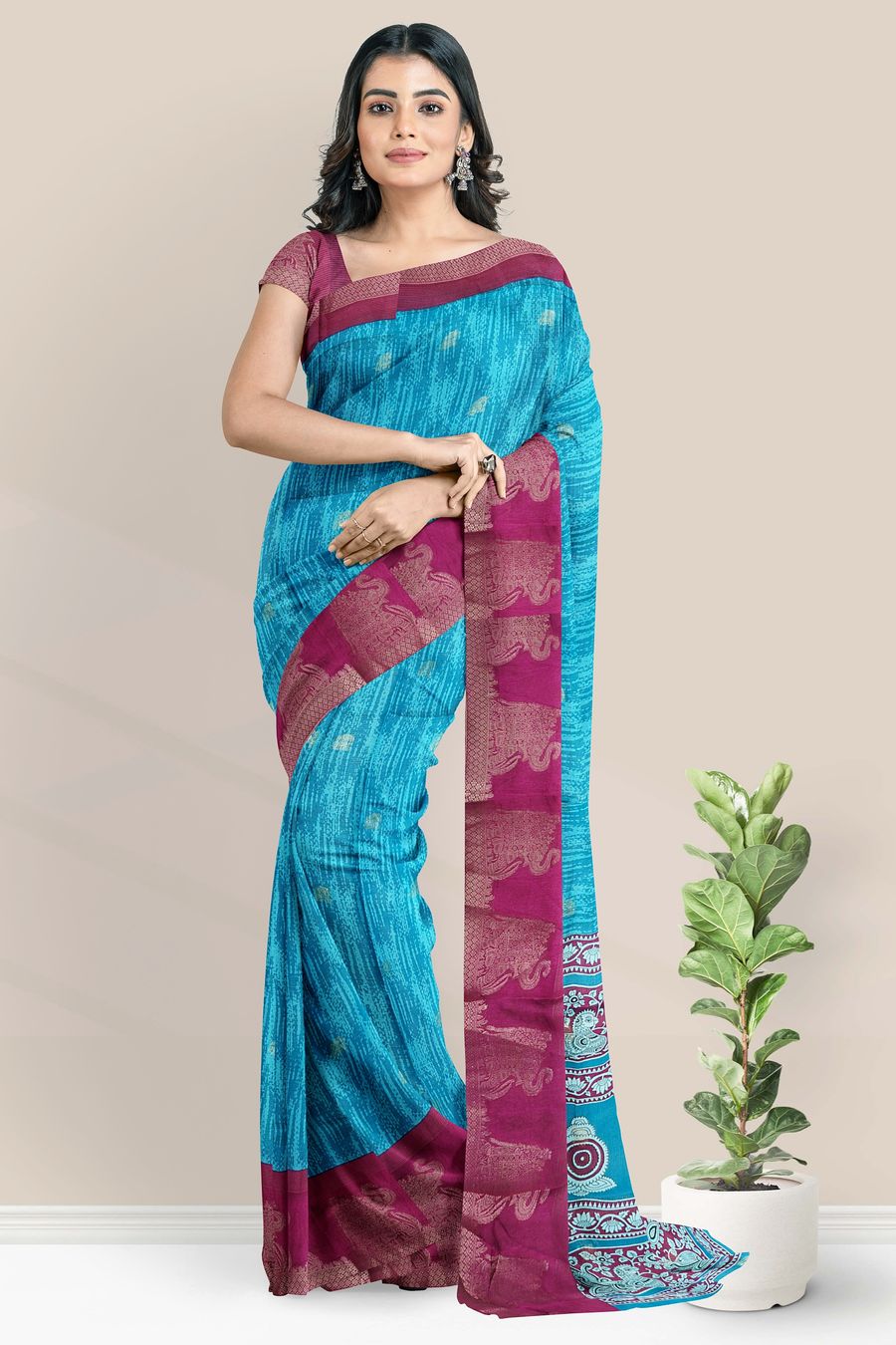 Fancy Silk Brocade Border And Elephant Butti Rama Green With Magenta Pink Saree