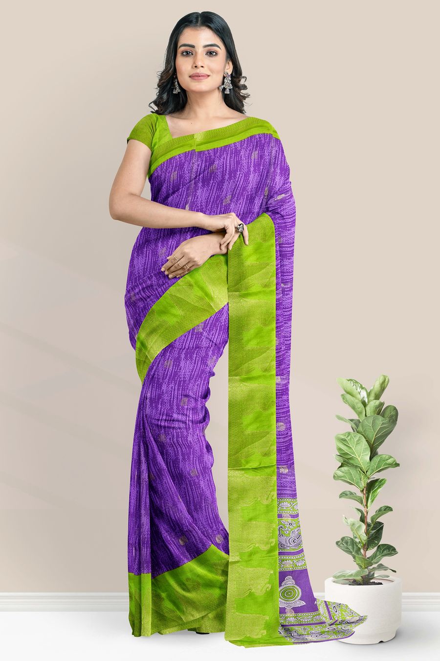 Fancy Silk Brocade Border And Elephant Butti Lavender With Parrot Green Saree