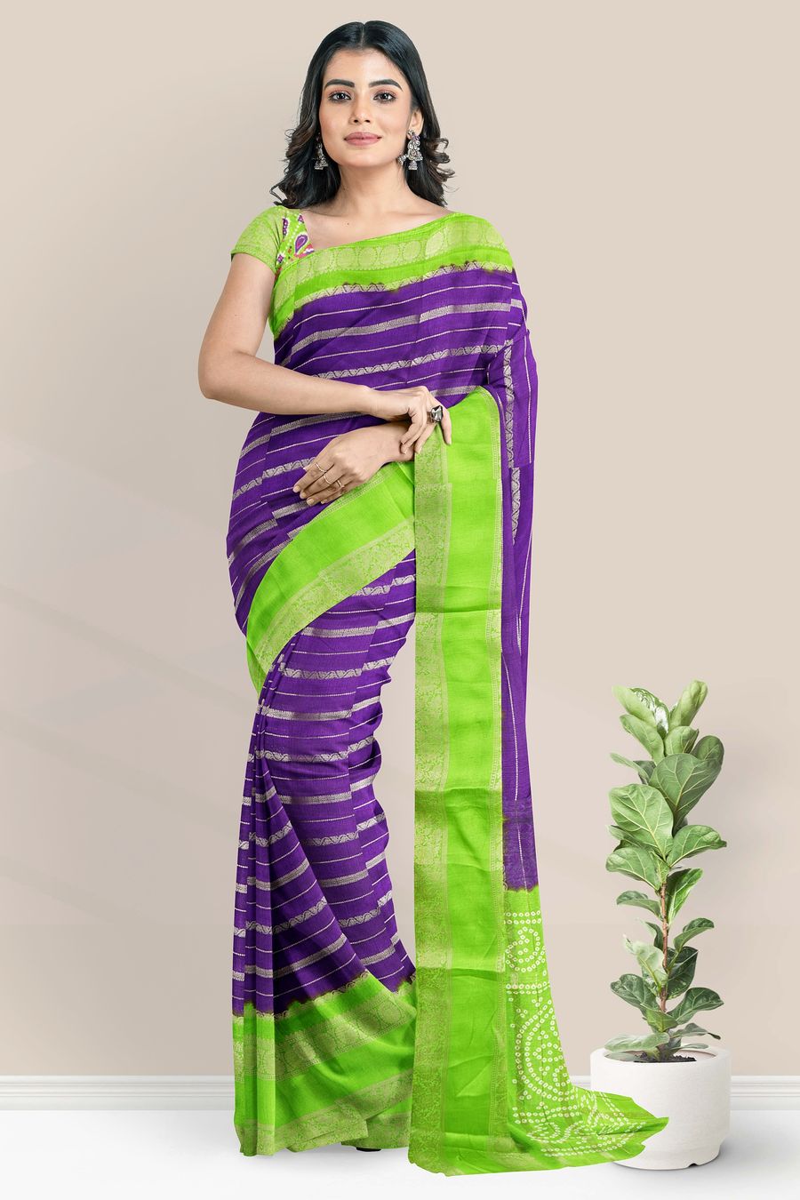 Fancy Silk Doriya Weaving Lines Purple With Parrot Green Saree