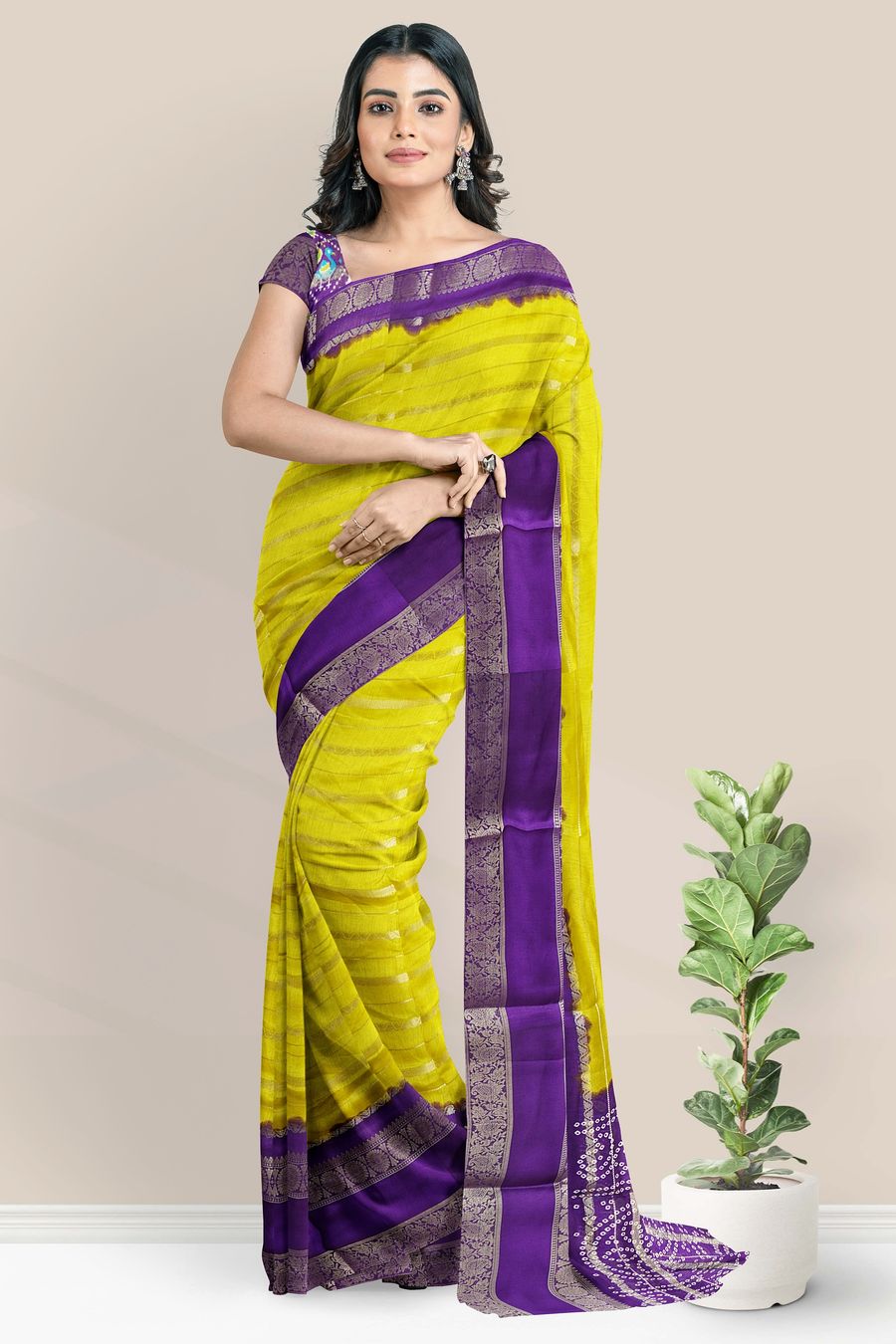Fancy Silk Doriya Weaving Lines Mustard Yellow With Purple Saree