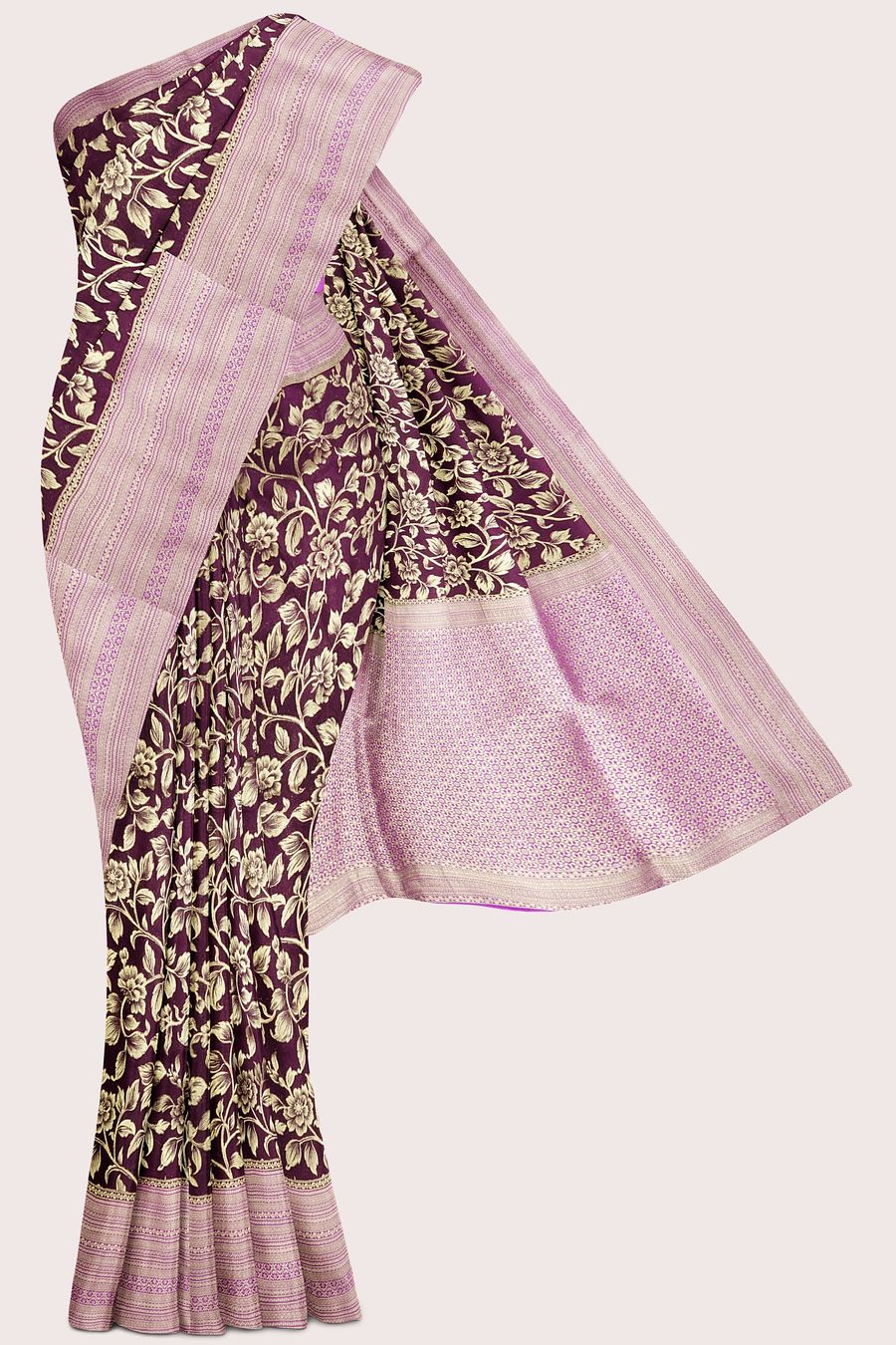 Banaras Georgette Full Jal Design Wine With Magenta Pink Saree