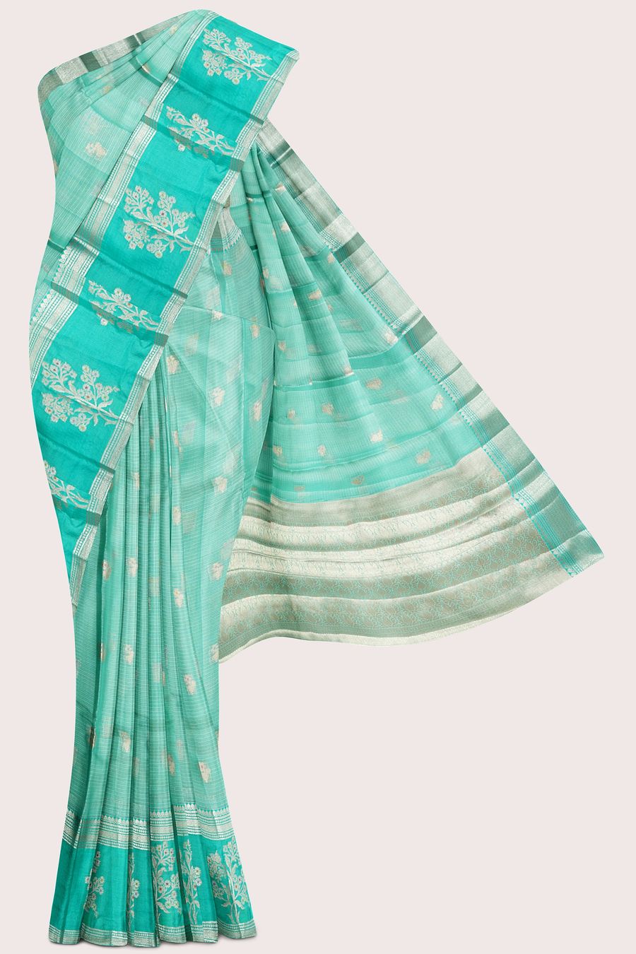 Silk Kota Gold Zari Meena Work Light Rama Green With Green Saree