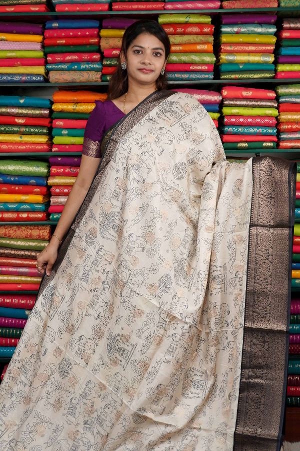 Jute Silk Pen Kalamkari Print Cream And Black Saree