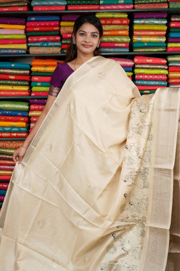 Jute Silk Pen Kalamkari Border Dark Cream Saree