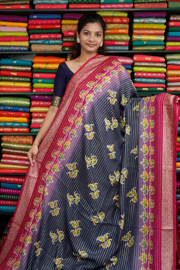 Georgette Leaf Print Dark Blue And Pink Saree
