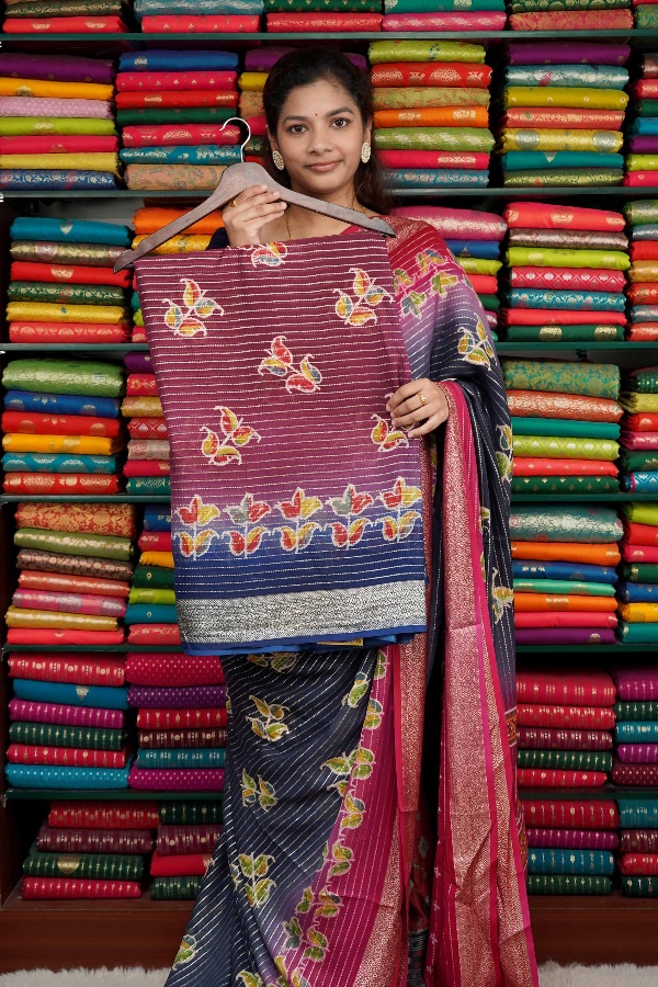 Georgette Leaf Print Wine And Dark Blue Saree