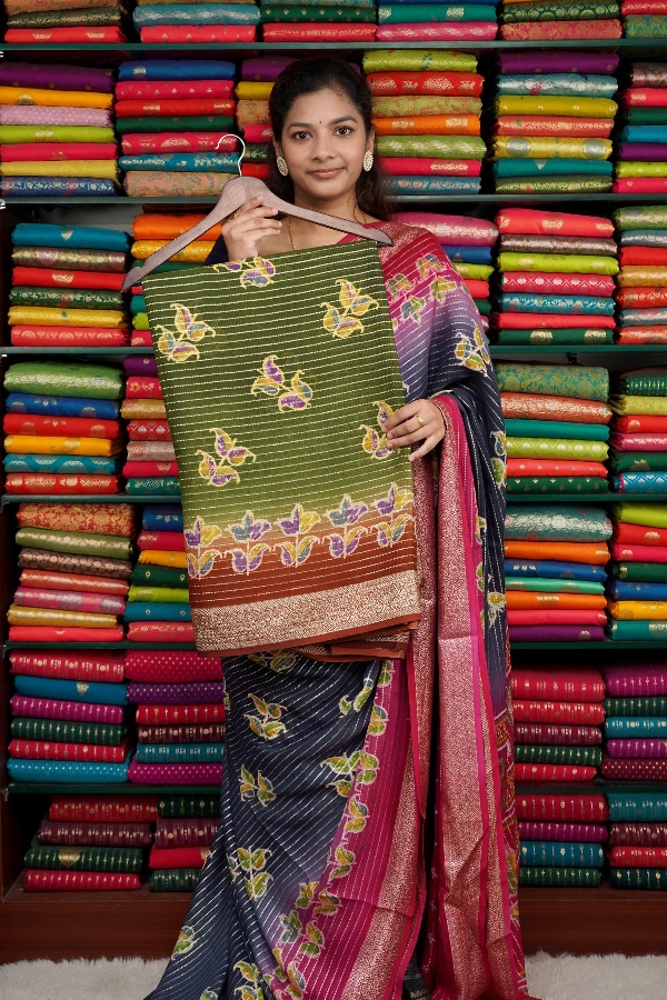 Georgette Leaf Print Green And Brown Saree