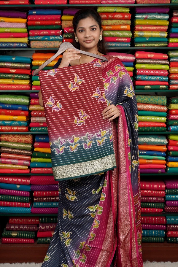 Georgette Leaf Print Maroon And Rama Green Saree