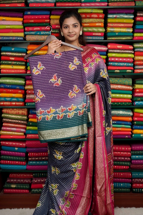 Georgette Leaf Print Purple And Green Saree
