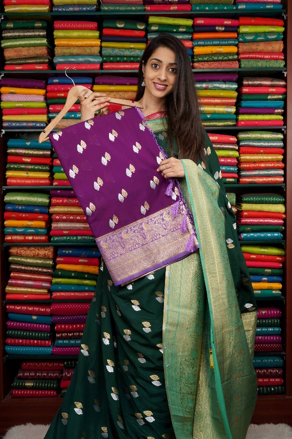 Banarasi Georgette Gold And Silver Leaf Butti Purple And Lavendar Saree