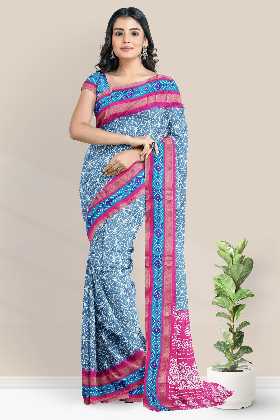 Soft Crushed Silk Ikkath Border Print Design Light Blue With Pink Saree