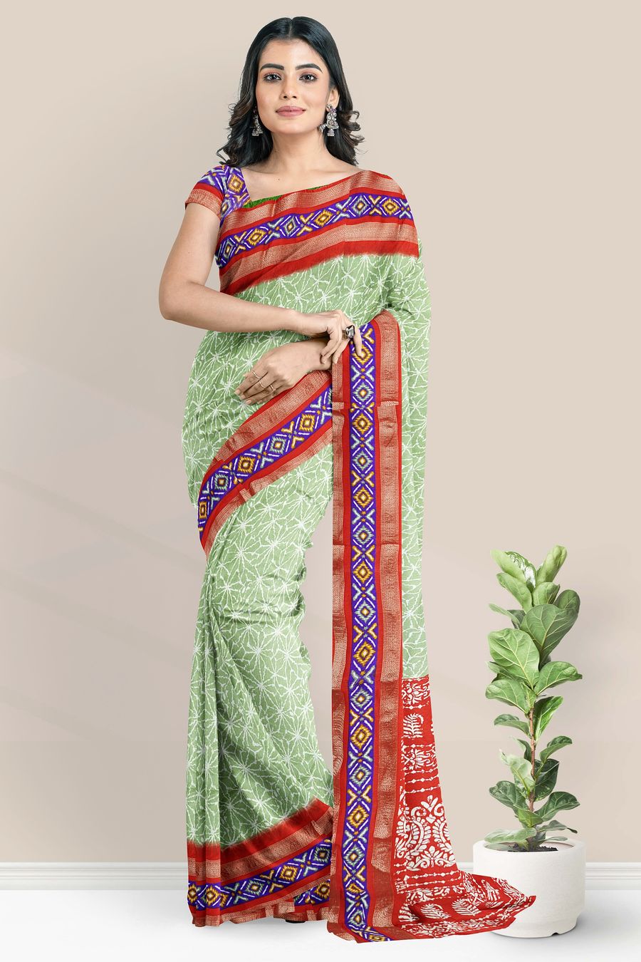 Soft Crushed Silk Ikkath Border Print Design Pista Green With Red Saree