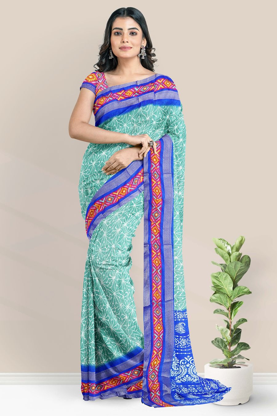 Soft Crushed Silk Ikkath Border Print Design Green With Royal Blue Saree