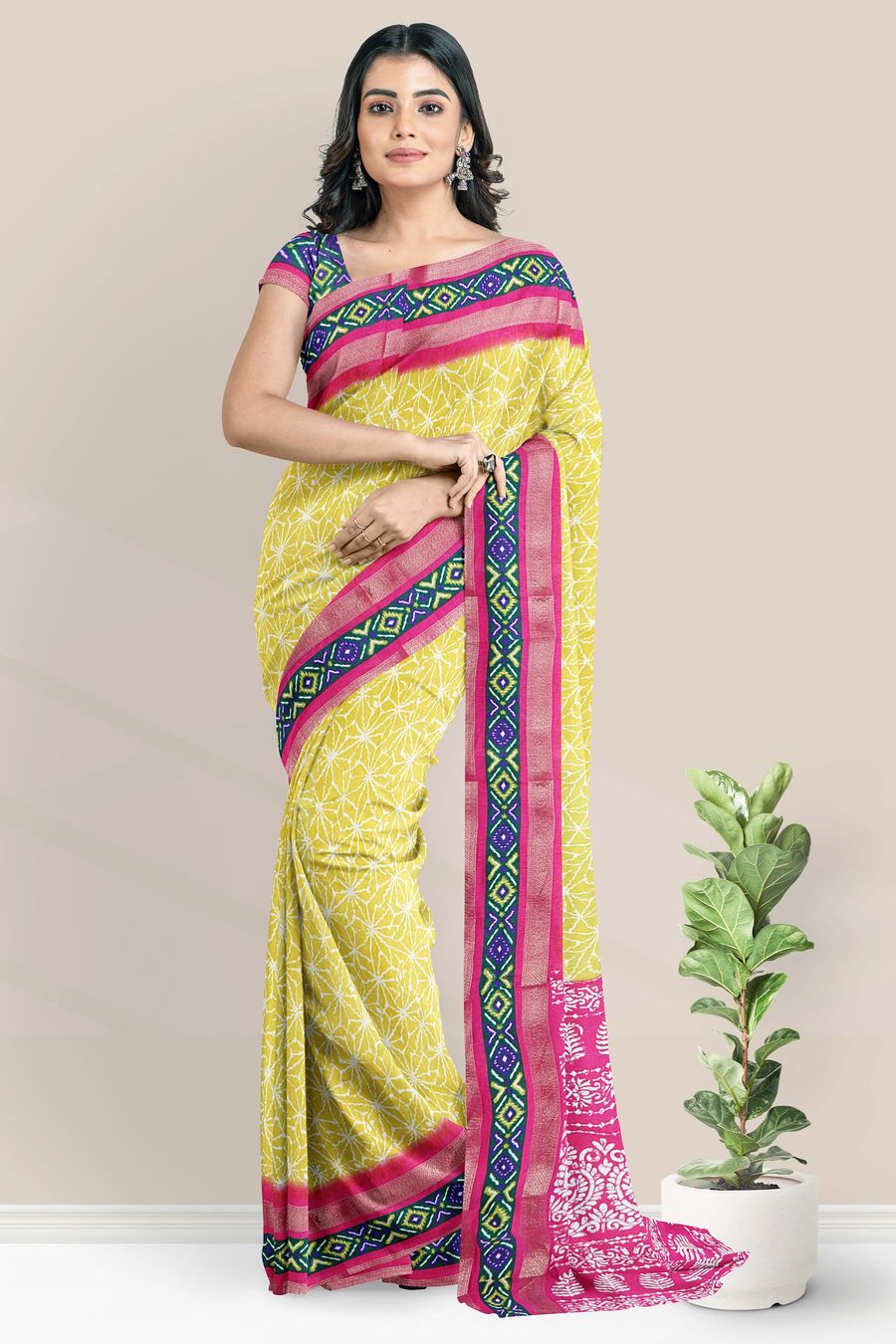 Soft Crushed Silk Ikkath Border Print Design Yellow With Pink Saree