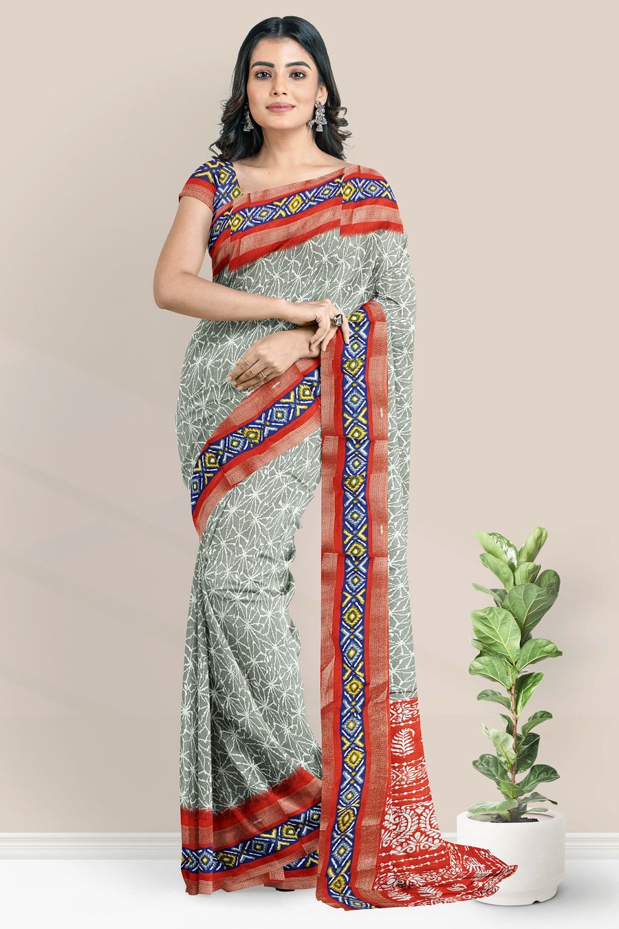 Soft Crushed Silk Ikkath Border Print Design Ash With Red Saree