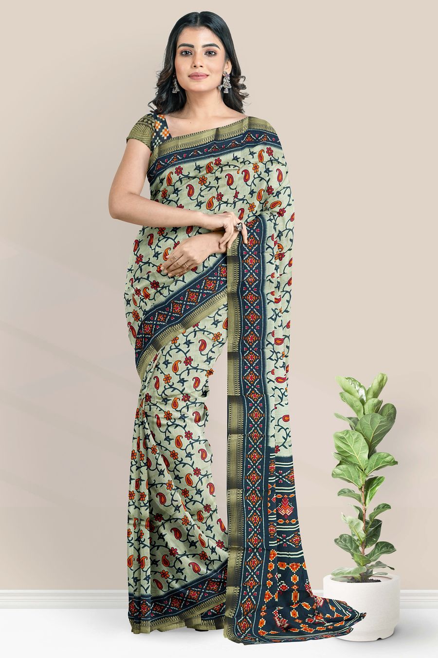Semi Maheswari Silk Floral Print Light Mehandi Green With Black Saree