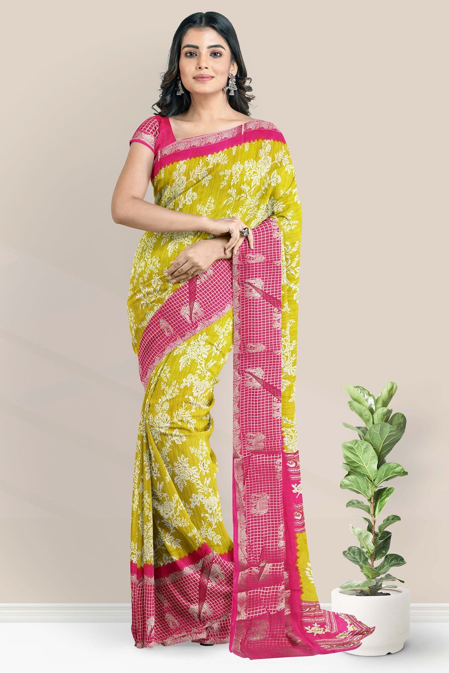 Soft Silk Gold Zari And Floral Print Yellow With Pink Saree