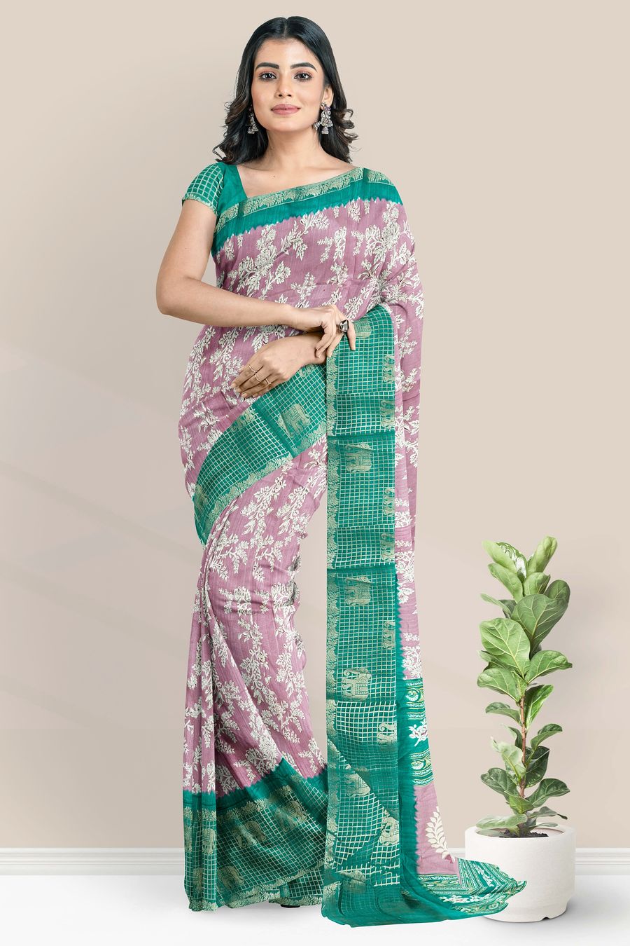 Soft Silk Gold Zari And Floral Print Pink With Green Saree