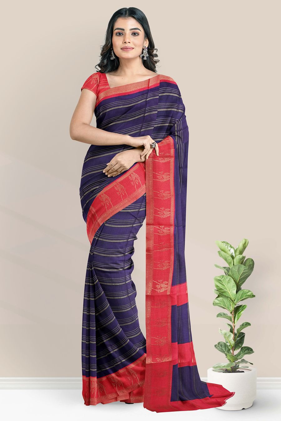 Soft Silk Gold Zari And Doriya Weaving Lines Purple With Pink Saree