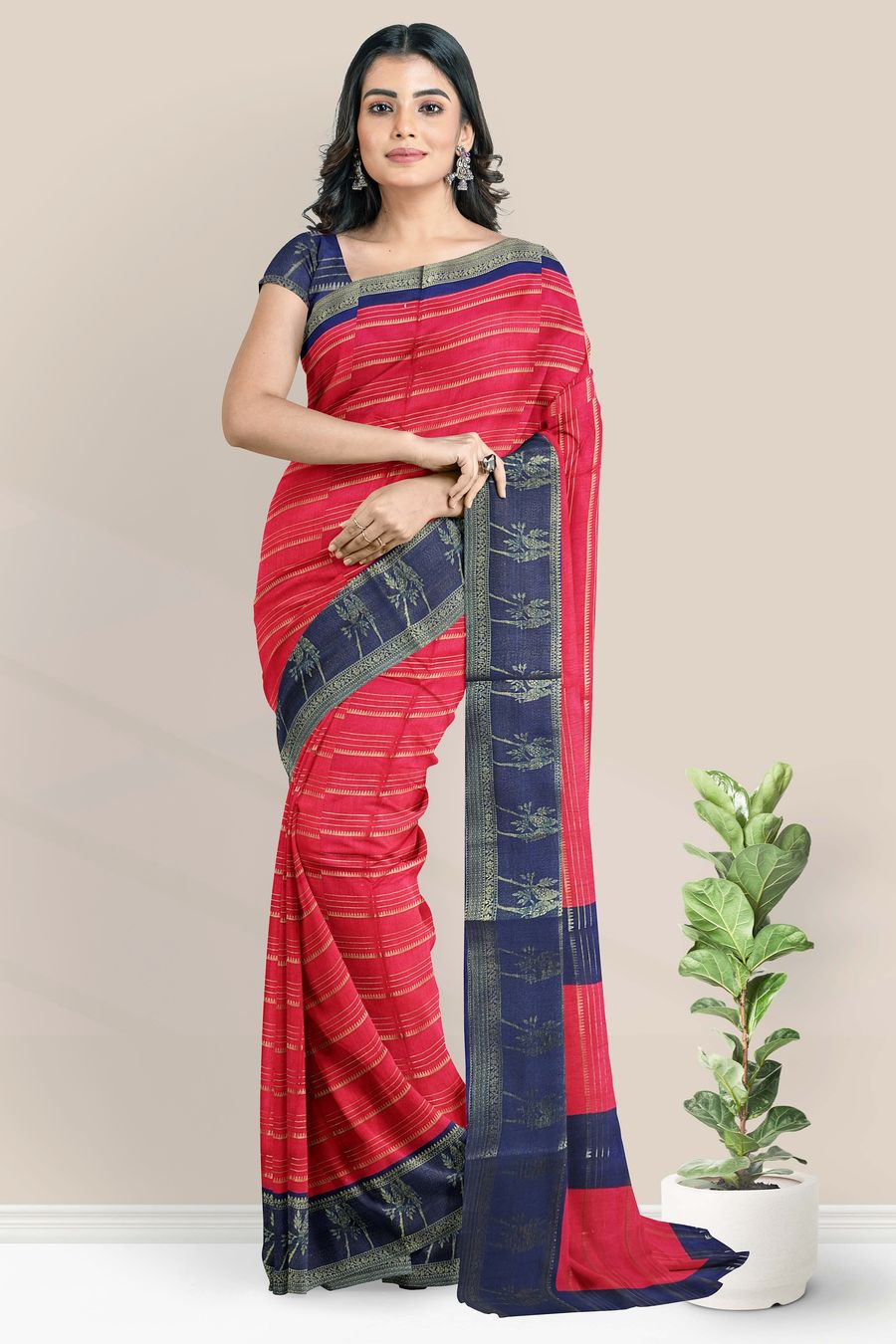 Soft Silk Gold Zari And Doriya Weaving Lines Red With Navy Blue Saree