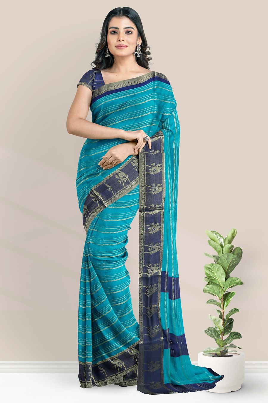 Soft Silk Gold Zari And Doriya Weaving Lines Rama Green With Navy Blue Saree