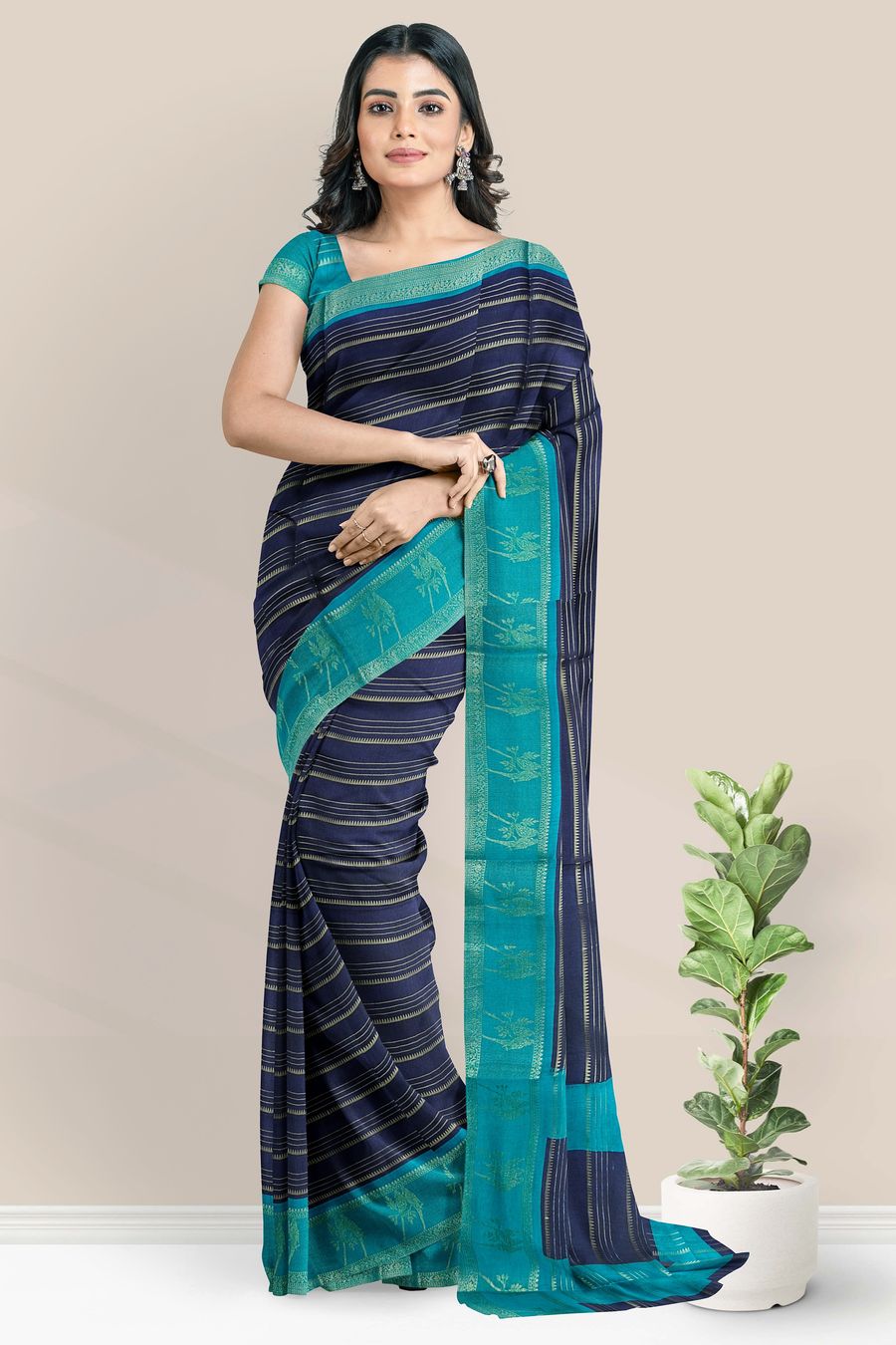 Soft Silk Gold Zari And Doriya Weaving Lines Navy Blue With Rama Green Saree
