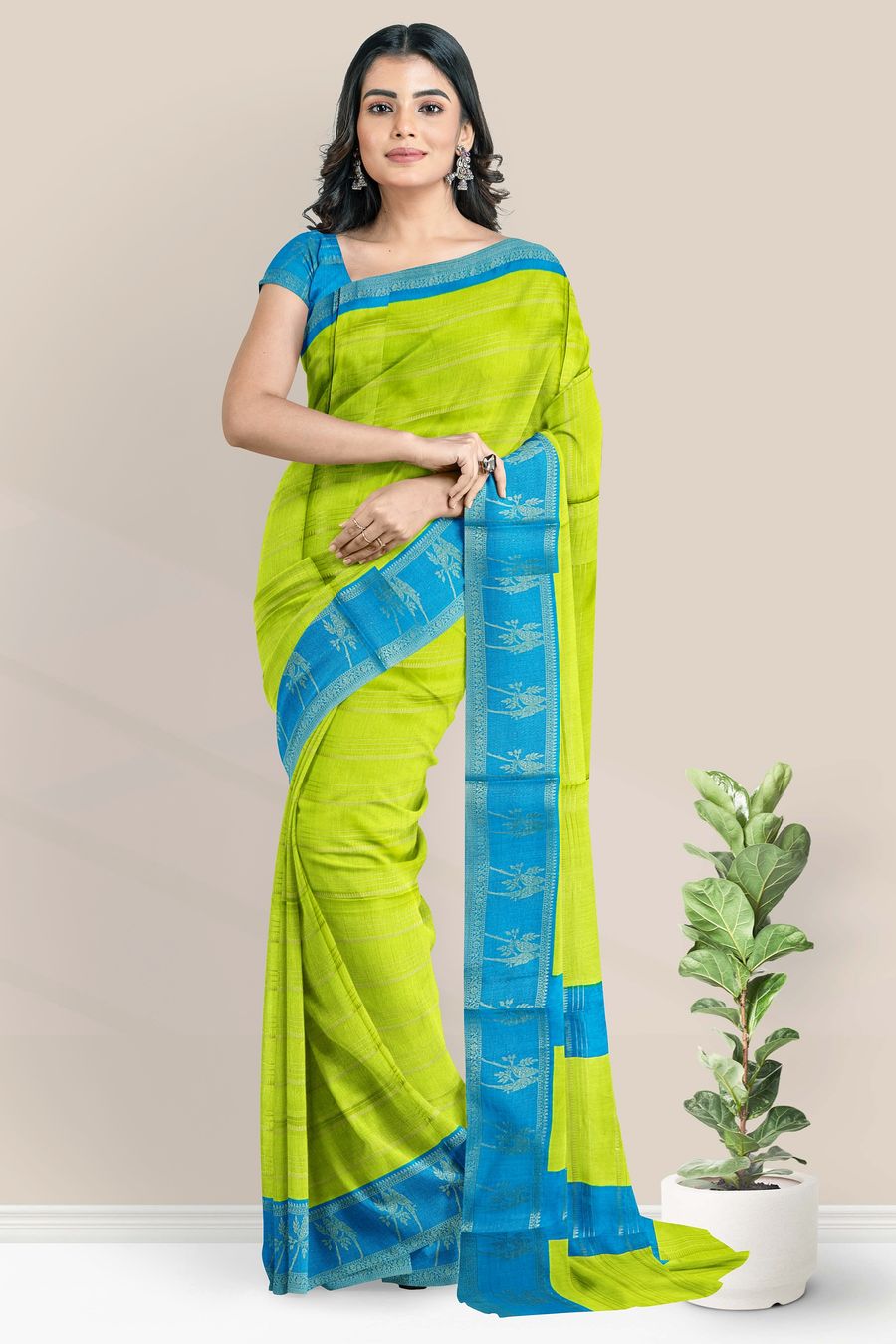 Soft Silk Gold Zari And Doriya Weaving Lines Light Green With Blue Saree