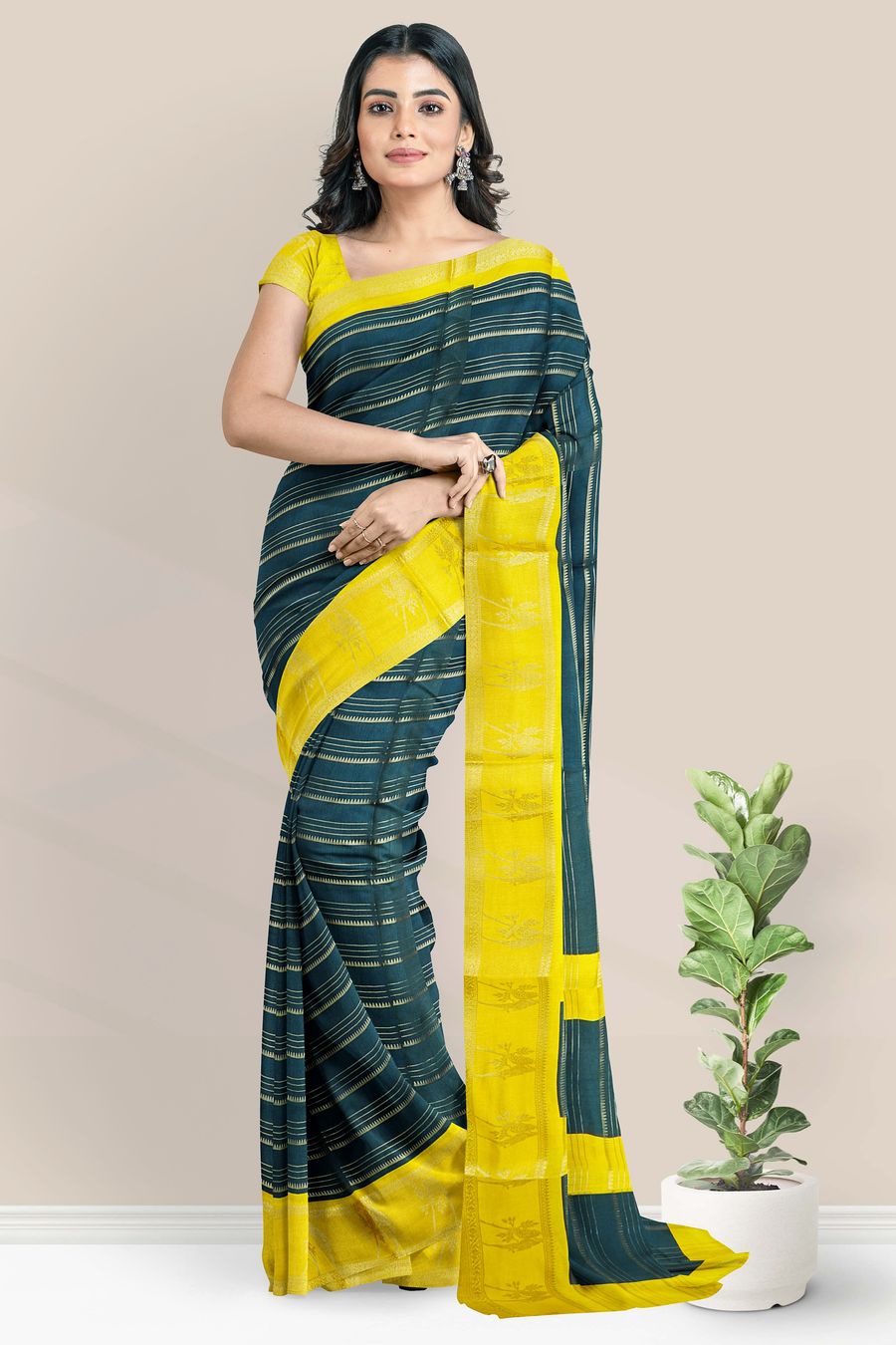 Soft Silk Gold Zari And Doriya Weaving Lines Dark Green With Yellow Saree