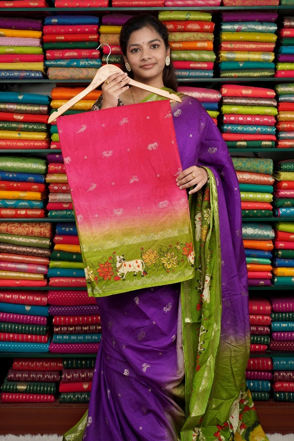Soft Silk Pichwai Border Dark Pink And Green Saree