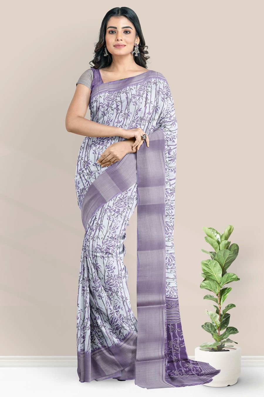 Crepe Brocade Border And Printed Design Lavender Saree
